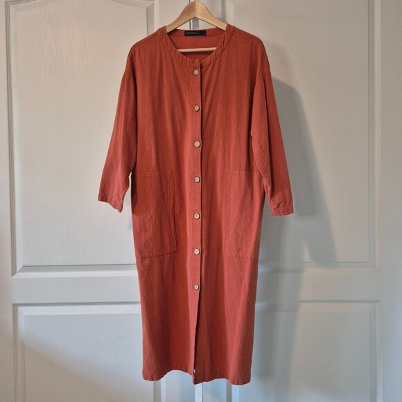 Rust Button-Up Dress/Overcoat with Pockets | Cotton | Size M - Picture 5 of 8